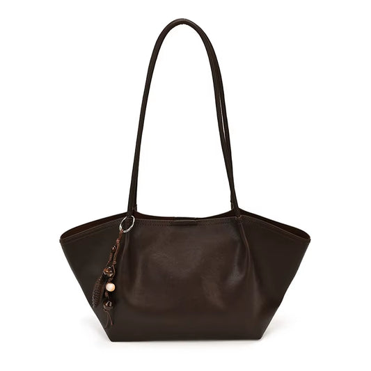 Vintage Soft Leather Tote Bag for Women with Woven Pendant Decor Large Capacity Single Shoulder Handbag