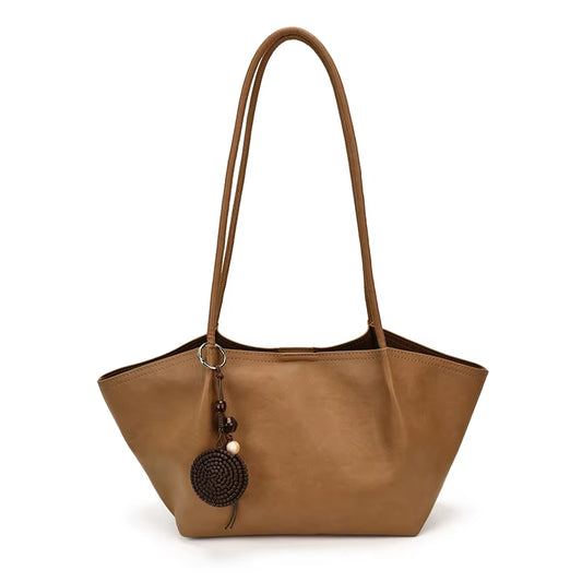 Vintage Soft Leather Tote Bag for Women with Woven Pendant Decor Large Capacity Single Shoulder Handbag
